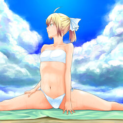  ahoge alternate_costume artoria_pendragon_(fate) bandeau bare_shoulders bikini blonde_hair cloud collarbone commentary_request day fate/stay_night fate_(series) female flat_chest green_eyes hands long_hair navel nazo_kichi painttool_sai_(medium) saber_(fate) side-tie_bikini_bottom sky solo split straddle_split strapless swimsuit tube_top wet white_bikini 