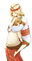  1boy blonde_hair closed_eyes female gensou_suikoden gensou_suikoden_iv hug lazlo_(suikoden) queen_of_obel seto_(gf_gnsn) 