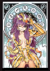  adapted_costume aquarius_(symbol) armor bikini_armor breasts capricorn_(symbol) cleavage female fingernails future_studio_(artist) genderswap_(mtf) gold_armor gold_saint green_eyes helm helmet libra_(symbol) long_fingernails long_hair medium_breasts mu_fengchun nail_polish one_eye_closed pisces_(symbol) purple_hair red_nails rule_63 sagittarius_(symbol) saint_seiya scorpio_(symbol) scorpio_(zodiac) scorpio_milo scorpion scorpion_tail shiny smile solo tail very_long_hair virgo_(symbol) zodiac zodiac_wheel 