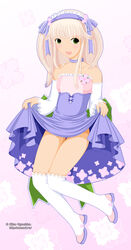  alice_vysochina blush clothes_lift collar copyright_request dress dress_lift female flower green_eyes kneehighs long_hair pink_hair ribbon smile socks solo thighhighs white_socks 