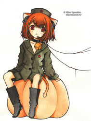  alice_vysochina animal_ears bell boots cat_ears collar copyright_request female hat neck_bell orange_hair pumpkin red_eyes short_hair solo 