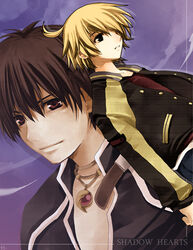  2boys blonde_hair brown_eyes brown_hair copyright_name jacket johnny_garland kurot magatama male_focus multiple_boys photoshop_(medium) shadow_hearts shadow_hearts_from_the_new_world shadow_hearts_ii yuri_hyuga 