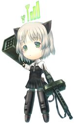  animal_ears black_neckwear black_pantyhose black_skirt cat_ears cat_girl cat_tail cellphone_radio_bar chibi commentary_request drum_magazine dual_drum_magazine female fliegerhammer green_eyes gun holding holding_gun holding_weapon machine_gun magazine_(weapon) mg42 multishot_rocket_launcher pantyhose rocket_launcher sabamu sanya_v._litvyak skirt solo strike_witches striker_unit tail weapon white_hair world_witches_series 