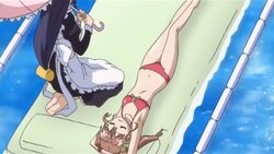  2girls anime_screenshot apron armpits arms_up barefoot bikini breasts brown_hair closed_eyes from_above hair_ornament inflatable_raft kneeling lane_line long_hair lowleg lowleg_bikini lying maid multiple_girls nanashiro_nanami nogizaka_haruka_no_himitsu nogizaka_mika on_back parasol pool red_bikini small_breasts swimsuit umbrella 