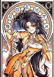  adapted_costume aquarius_(symbol) aries_(symbol) armor bikini_armor black_hair black_nails breasts cancer_(symbol) cleavage fangs female future_studio_(artist) gemini_(symbol) gemini_saga genderswap_(mtf) gold_armor gold_saint hand_on_own_hip leo_(symbol) long_hair medium_breasts mu_fengchun nail_polish orange_eyes pisces_(symbol) rule_63 saint_seiya scorpio_(symbol) shiny smile solo taurus_(symbol) vampire very_long_hair virgo_(symbol) zodiac zodiac_wheel 