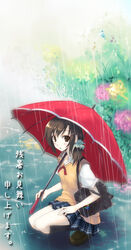  brown_eyes brown_hair female flower hydrangea kneeling original rain red_umbrella school_uniform solo tamaki_fuyu umbrella 