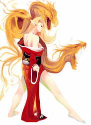  bare_shoulders barefoot blonde_hair breasts byunei cevoy commentary_request demon_girl dragon female japanese_clothes kimono long_hair medium_breasts open_clothes open_kimono pointy_ears red_eyes red_kimono romancing_saga_3 saga sideboob solo spirits 