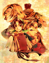  4boys blonde_hair brown_eyes brown_hair commentary_request female from_side gensou_suikoden gensou_suikoden_i gremio_(suikoden) highres long_sleeves looking_at_viewer multiple_boys odessa_silverberg photoshop_(medium) profile short_hair tabard tamachi_kuwa tattoo ted_(suikoden) teo_mcdohl tir_mcdohl upper_body 