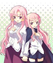  2girls back-to-back cape cattleya_yvette_la_baume_le_blanc_de_la_fontaine holding_hands imageboard_desourced inato_serere interlocked_fingers louise_francoise_le_blanc_de_la_valliere multiple_girls non-web_source pentacle pink_eyes pink_hair siblings sisters thighhighs zero_no_tsukaima 