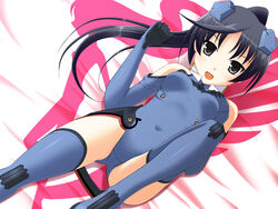  :d ahoge bare_shoulders bed bed_sheet black_hair blue_footwear blue_gloves blue_leotard blue_thighhighs blush boots breasts clenched_hand covered_navel crotch dutch_angle elbow_gloves female gloves grey_eyes halterneck headgear high_ponytail hyokkori_tamago ichijou_eika leg_up leotard logo long_hair looking_at_viewer lying motion_slit on_back on_bed open_mouth parted_bangs pilot_suit ponytail silhouette sky_girls small_breasts smile solo thigh_boots thighhighs turtleneck 