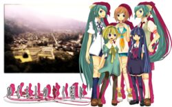  5girls bad_id bad_pixiv_id blonde_hair blue_eyes blue_hair bow commentary copyright_name dress english_commentary furude_rika green_eyes green_hair green_skirt half_updo higurashi_no_naku_koro_ni houjou_satoko jacket landscape long_hair looking_at_viewer ma_ko multiple_girls necktie orange_hair pantyhose ponytail ribbon ryuuguu_rena sailor_dress school_uniform serafuku shirt short_hair siblings sisters skirt socks sonozaki_mion sonozaki_shion twins very_long_hair 