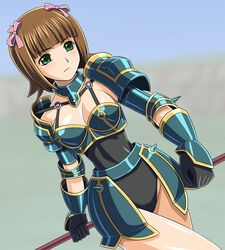  amami_haruka armor breasts brown_hair cleavage collar commentary_request cosplay fantasy_earth fantasy_earth_zero female gauntlets gloves green_eyes hair_ribbon idolmaster idolmaster_(classic) idolmaster_1 large_breasts muhi11234 ribbon short_hair solo spikes warrior_(cactus_armor)_(fantasy_earth_zero) warrior_(fantasy_earth) warrior_(fantasy_earth)_(cosplay) weapon 