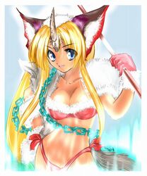  animal_ears blonde_hair blue_eyes breasts chains cleavage commentary_request female fenrir_knight gloves horns kuro_usagi_(duklyon) large_breasts long_hair riesz seiken_densetsu seiken_densetsu_3 single_horn solo wolf_ears 