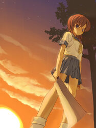  blue_eyes female hashitsuki_nata higurashi_no_naku_koro_ni nata_(tool) orange_hair photoshop_(medium) ryuuguu_rena school_uniform serafuku solo sunset tree yousisi 