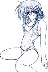  bad_anatomy ballpoint_pen_(medium) blue_theme female lowres mayumi_thyme monochrome one-piece_swimsuit school_swimsuit scluge short_hair shuffle! sidelocks solo swimsuit traditional_media 