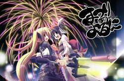  2girls aerial_fireworks bardiche_(nanoha) bardiche_(zanber_form)_(nanoha) blonde_hair brown_hair energy_sword fate_testarossa fireworks japanese_clothes kazekawa_nagi kimono long_hair lyrical_nanoha mahou_shoujo_lyrical_nanoha multiple_girls purple_eyes raising_heart raising_heart_(exelion_mode) red_eyes short_hair sword takamachi_nanoha twintails very_long_hair weapon yukata 