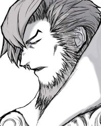  1boy bad_id bad_pixiv_id beard dycedarg_beoulve facial_hair final_fantasy final_fantasy_tactics fujisawa_akira greyscale lowres male_focus monochrome photoshop_(medium) solo 