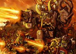  bad_id bad_pixiv_id battle battlefield ghazghkull_mag_uruk_thraka gun junka_trukk lieqi_hun meganobz no_humans orc ork_(warhammer) photoshop_(medium) power_klaw shoota smoke waaagh! war warhammer_40k weapon 