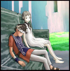  1boy bad_id bad_pixiv_id barefoot black_hair closed_eyes couch dress feet female flash_tomo horns ico ico_(character) pale_skin short_hair sitting sleeping tabard yorda 