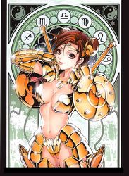  :p armor bikini_armor breasts brown_hair cleavage double_bun female future_studio_(artist) genderswap_(mtf) gold_armor gold_saint hair_bun libra_(zodiac) libra_douko medium_breasts midriff mu_fengchun pink_eyes rule_63 saint_seiya shield shiny solo tongue tongue_out yin_yang zodiac zodiac_wheel 