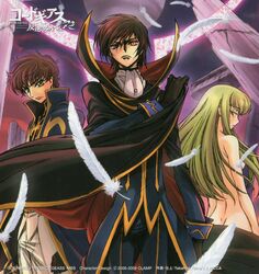  2boys butt_crack c.c. cape clothed_male_nude_female code_geass feathers female green_hair highres kimura_takahiro knights_of_the_round_uniform kururugi_suzaku lelouch_vi_britannia long_hair multiple_boys nude ookouchi_ricca scan 