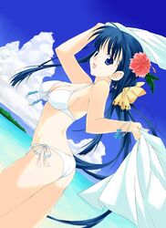  ass beach bikini blue_eyes blue_hair bracelet breasts cleavage cloud day female flat_ass flower hair_flower hair_ornament hibiscus himemiya_aoi imageboard_desourced jewelry kusakabe_yuuki_(to_heart_2) long_hair medium_breasts non-web_source outdoors side-tie_bikini_bottom sky solo swimsuit to_heart_(series) to_heart_2 towel very_long_hair white_bikini 