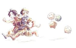  2boys :d antenna_hair blonde_hair boots bow_(weapon) brown_eyes brown_gloves brown_hair clenched_hands commentary_request gensou_suikoden gensou_suikoden_i gloves holding holding_weapon kunami looking_at_viewer monster multiple_boys o_o open_mouth pants running smile ted_(suikoden) teeth tir_mcdohl weapon wrist_cuffs 