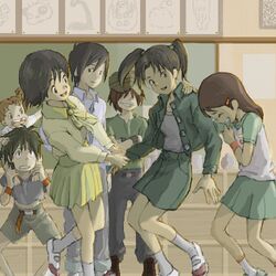  3boys 4girls amasawa_yuuko brown_hair commentary_request dennou_coil densuke_(dennou_coil) gachagiri_(dennou_coil) harakawa_ken&#039;ichi hat jacket long_hair lowres mojo_(dennou_coil) multiple_boys multiple_girls okonogi_kyouko okonogi_yuuko oyaji_(dennou_coil) pencil_skirt plesio_(dennou_coil) raglan_sleeves sakai_yume school_uniform searchmaton_(dennou_coil) short_hair skirt twintails 