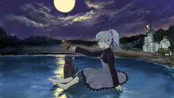  2boys black_cat commentary_request darker_than_black dress feline female food hei_(darker_than_black) huang_(darker_than_black) koumeya lake mao_(darker_than_black) multiple_boys outdoors purple_dress squid stick yin_(darker_than_black) 