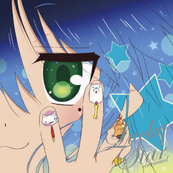  :3 blue_hair canine cathead cherry_(lucky_star) chocolate_cornet close-up commentary_request crossover diamond_crevasse_(macross) feline female fingernails food green_eyes horiguchi_yukiko izumi_konata lowres lucky_star macross macross_frontier md5_mismatch mole mole_under_eye nail_art nyamou parody resolution_mismatch shell solo source_larger star_(symbol) third-party_source 