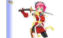  asymmetrical_clothes belt breasts curvy elbow_gloves female fishnets gloves goggles gouma_reifuden_izuna green_eyes izuna_(gouma_reifuden_izuna) katana medium_breasts midriff navel ninja official_art official_wallpaper photoshop_(medium) pink_hair scarf short_hair skirt solo sword thigh_strap weapon yoshida_on 