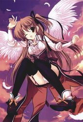  absurdres ahoge brown_eyes brown_hair feathers female flying highres long_hair megami_magazine megami_magazine_creators mitha oerba_yun_fang one_eye_closed panties pantyshot photoshop_(medium) ribbon solo thighhighs underwear wings 