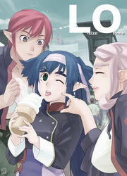  3girls blue_hair closed_eyes comic_lo commentary_request cover fake_cover food green_eyes ice_cream klan_klein lolicon long_hair macross macross_frontier meltrandi military military_uniform multiple_girls nene_rora one_eye_closed original pink_hair pointy_ears purple_eyes raramia_rerenia red_hair s.m.s. satta_naoto short_hair twintails uniform very_long_hair wince zentradi 