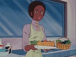  afro anime_screenshot choujikuu_yousai_macross claudia_lasalle dark-skinned_female dark_skin death_flag female food fruit fruit_cup macross pineapple salad solo spoilers 