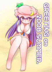  beach bikini blush breasts cleavage commentary_request crescent crescent_hat_ornament female hat hat_ornament large_breasts long_hair patchouli_knowledge photoshop_(medium) purple_eyes purple_hair ribbon shaomin solo swimsuit touhou 