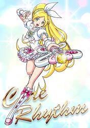  blonde_hair boots braid character_name choker commentary_request cure_rhythm dress eyelashes fantastic_belltier female frills full_body green_eyes hairband knee_boots long_hair magical_girl minamino_kanade precure puffy_sleeves smile solo suite_precure toratora_(1972-08-30) white_choker wrist_cuffs 