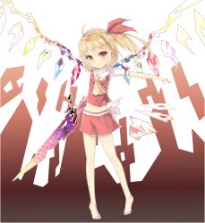  absurdres ahoge ascot bad_id bad_pixiv_id barefoot blonde_hair female flandre_scarlet full_body hair_ribbon highres midriff miniskirt navel no_headwear red_eyes ribbon riuichi short_hair side_ponytail skirt smile solo touhou wings 