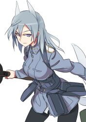  animal_ears aurora_e._juutilainen black_pantyhose female grey_eyes grey_hair imageboard_desourced military military_uniform ningen_(ningen96) non-web_source pantyhose simple_background smile solo strike_witches:_aurora_no_majo tail uniform wolf_ears wolf_girl wolf_tail world_witches_series 