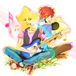  2boys arakawa_under_the_bridge bad_id bad_pixiv_id brown_eyes cigarette crossed_legs dual_persona grass grin guitar holding hoshi_(arakawa) instrument kurosawa_tomo male_focus mask multiple_boys music musical_note photoshop_(medium) playing_instrument red_hair shoes sitting smile smoking star_(symbol) 