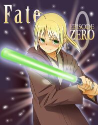  ahoge artoria_pendragon_(fate) blonde_hair commentary_request cosplay crossover energy_sword fate/zero fate_(series) female green_eyes jedi kosuke_haruhito lightsaber long_hair name_connection obi-wan_kenobi obi-wan_kenobi_(cosplay) parody ponytail pun robe saber_(fate) solo star_wars sword weapon 