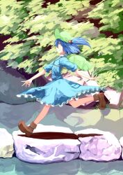  b-ginga blue_hair commentary_request female hair_bobbles hair_ornament hat kawashiro_nitori pond profile rock running short_hair sleeves_rolled_up solo touhou two_side_up 