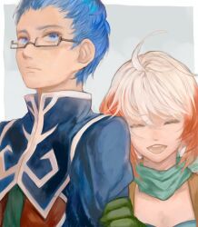  1boy 3838383 ahoge arm_grab blue_eyes blue_hair closed_eyes coat female glasses height_difference hubert_ozwell multicolored_hair open_mouth pascal_(tales) red_hair scarf short_hair smile tales_of_(series) tales_of_graces two-tone_hair upper_body white_hair 