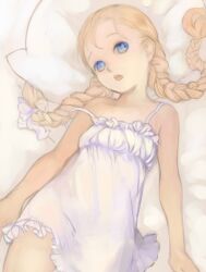  3838383 blonde_hair blue_eyes braid chemise female hair_ribbon head_tilt long_hair looking_away lying no_headwear on_back open_mouth patty_fleur pillow ribbon solo strap_slip tales_of_(series) tales_of_vesperia twin_braids twintails 