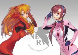  2girls arms_up bad_id bad_pixiv_id blue_eyes bodysuit breasts evangelion:_2.0_you_can_(not)_advance glasses hair_ornament hairband long_hair makinami_mari_illustrious medium_breasts multiple_girls neon_genesis_evangelion nerv open_mouth orange_hair photoshop_(medium) pink_bodysuit plugsuit rebuild_of_evangelion souryuu_asuka_langley toramaru 