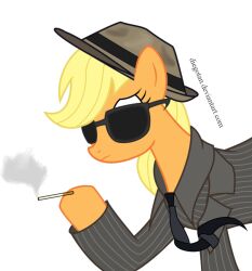  2012 applejack_(mlp) better_version_at_source blonde_hair cigarette clothing diegotan equid equine eyewear fedora female feral friendship_is_magic hair hasbro hat headgear headwear hooves horse mammal mane my_little_pony necktie noir pattern_clothing pattern_topwear pony smoke striped_clothing striped_topwear stripes suit sunglasses topwear 