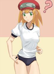  ? alternate_costume bad_id bad_pixiv_id black_buruma blonde_hair buruma cabbie_hat female green_eyes gym_uniform hat mega_man_(series) mega_man_legends_(series) ogros roll_caskett_(mega_man) shirt_grab short_hair short_sleeves solo standing 