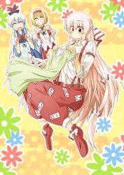  3girls alice_margatroid blonde_hair blue_hair blush bow closed_eyes commentary_request dress fujiwara_no_mokou hairband hairbow hariyaa hat kamishirasawa_keine long_hair multiple_girls red_eyes shirt short_hair sleeves_rolled_up smile suspenders touhou very_long_hair white_hair white_shirt 