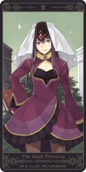  1boy alternate_costume black_eyes black_hair book commentary_request crossdressing frills long_hair male_focus md5_mismatch motoko_(ambiy) photoshop_(medium) purple_skirt resolution_mismatch rounded_corners skirt smile solo source_larger sweat tales_of_(series) tales_of_vesperia tarot tarot_(medium) the_high_priestess_(tarot) veil white_veil yuri_lowell 