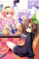  4girls ^_^ arms_up blonde_hair bow brown_hair choujigen_game_neptune closed_eyes collarbone compa food fruit green_eyes hair_between_eyes hair_ornament hairband hairbow histoire if_(neptunia) kotatsu long_hair mandarin_orange mini_person minigirl multiple_girls neptune_(neptunia) neptune_(series) official_art open_mouth pink_eyes pink_hair purple_hair short_hair smile stretching table tsunako yarn yarn_ball 