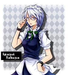  bad_id bad_pixiv_id bespectacled blue_eyes bracelet braid character_name commentary_request female glasses grey_hair hand_on_own_hip izayoi_sakuya jewelry maid maid_headdress pandora-ex solo touhou twin_braids 